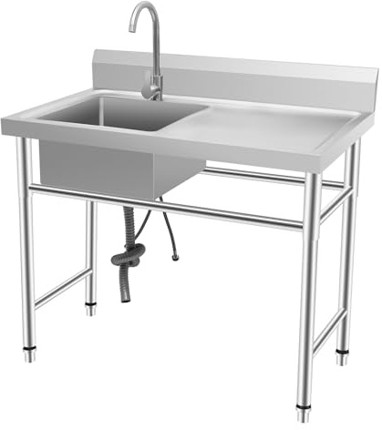 Grifo de cocina de acero inoxidable independiente, ángulo de ajuste, fregadero comercial, 100 x 60 x 93 cm, dispositivo de drenaje, para exterior, interior, cocina, restaurante (máx. 200 kg)