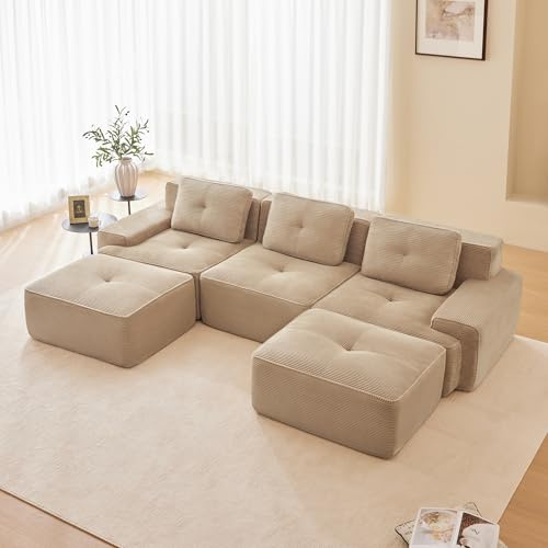 Dolamaní Boneless Modular 2-Sitzer-Sofa + 2 Hockern Cord, montagefrei, Tiefem Sitz, U-förmiges, modernes Ecksofa Eckcouch Couch für Wohnzimmer/Schlafzimmer/Büro/Wohnung (Beige)