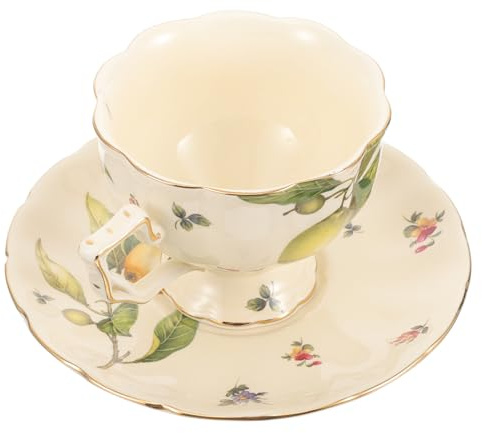 TIKODIDA Set di Tazze da Caffè e Piattini in Ceramica Decorazione Limone e Fiore Vintage per Tè Pomeridiano Inglese per Colazioni e Merende Domestiche