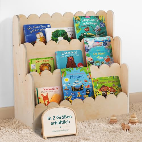 Little Goldie® Montessori Bücherregal Kinder aus Holz - Frontales Buchregal für Kinderzimmer und Wohnzimmer aus Holz, Bücherregal für Baby & Kleinkind (75x27x70 cm)