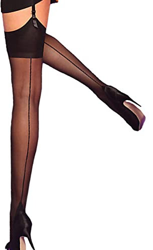 Yummy Bee Silky Stockings for Suspenders Seamed Sheer Back Seam Cuban Heel Lingerie Plus Size Black M