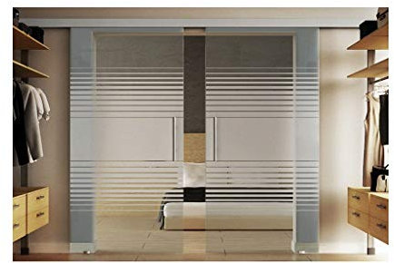 Glastür zum schieben mit 2 Scheiben in jeweils 102,5x205 cm in ESG-Milchglas mit Lamellen-Dessin (L) Levidor-System komplett. Laufschiene und Stangengriffen, Schiebetür aus Glas für Innenbereich
