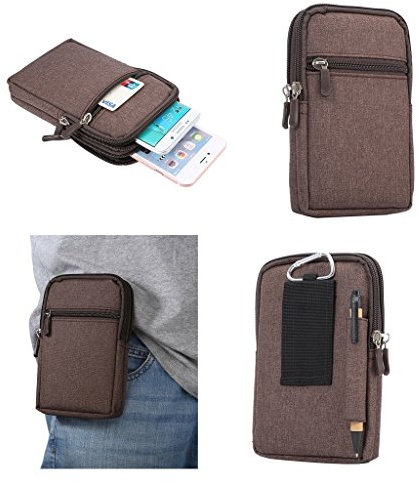 DFV mobile - Universal Multi-Functional Vertical Stripes Pouch Bag Case Zipper Closing Carabiner Compatible avec Highscreen Power Four - Brown (17 x 10.5 cm)