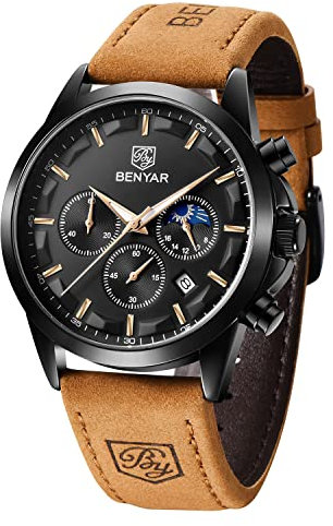 BENYAR Herren Uhr Chronograph Analog Quarz Stilvolle Lederband Armbanduhr Wasserdicht Leuchtende Datum Herrenuhren Elegantes Business Uhren Geschenk für Männer