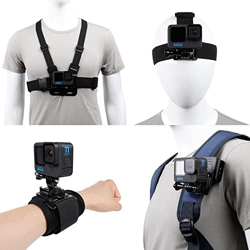 Zubehör-Set für GoPro Hero 11/10/9/8/7/6/5/4, Schnellverschluss-Halterung + Brustgurt, Rucksack-Clip-Halterung + 360° drehbare Handschlaufe