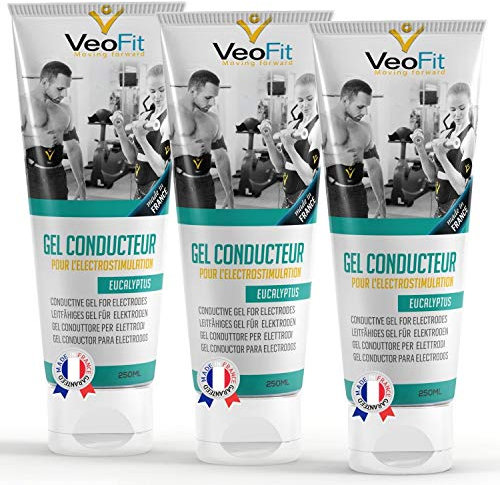 VEOFIT Leitfähiges Elektroden Kontakt Gel Eukalyptus 3x250mL für EMS TENS Geräte, Elektrostimulatoren, Elektroden Pads – Verbessert den Elektrodenkontakt und schützt die Haut