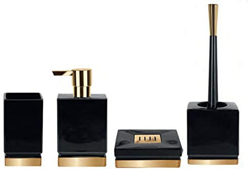 Spirella Badezimmer Set, 4-teiliges Badzubehör aus Porzellan Roma Seifenspender, WC Bürste, Seifenschale, Aufbewahrungsdose und Zahnputzbecher Schwarz/Gold