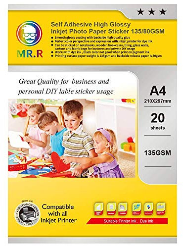 MR.R 135gsm/m² Inkjet A4x20 Blatt Fotopapier glänzend selbstklebend Glanzpapier Hochglanz Blanko Etiketten für Ausdrucke in Fotoqualität Bedruckbar Aufkleber Selbstklebendes