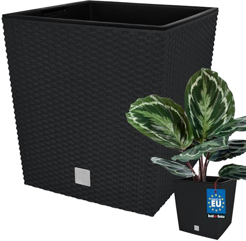 KOTARBAU® Blumentopf mit Einsatz 26x26 cm, Rattanoptik, Kunststoff | Pflanzkübel groß außen, Übertopf 15,8L mit Innentopf, für Drinnen & Draußen, Terrassendeko, Blumentöpfe, Anthrazit