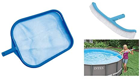 Intex 29053 Spazzola Angolare per Pareti e Fondo Piscina 406 mm, Grigio, 43.18x15.88x8.26 cm & 29050 Retina Raccogli Foglie, Blu, 41.59 x 29.53 x 2.54 cm