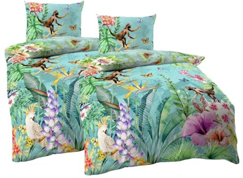 JACK by Kaeppel Mako Satin 4tlg. Digitaldruck Bettwäsche Äffchen Dschungel Kakadu Schmetterling Bunt Urwald, Größe:4 TLG. 155x220cm
