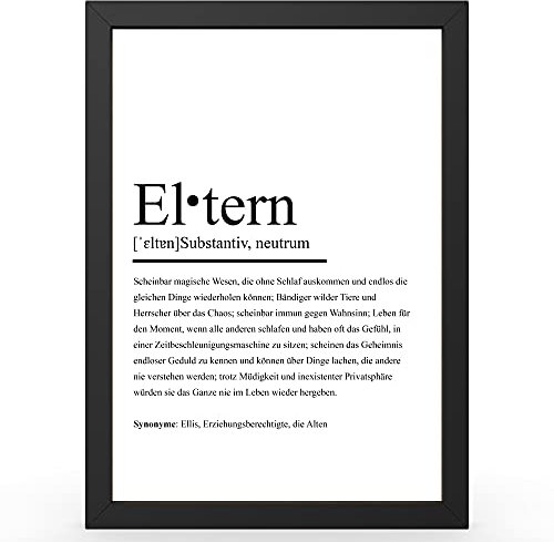 Urhome Kunstdruck Definition Eltern in DIN A3 A4 A5 optional mit Rahmen Schwarz Weiß - Worterklärung wie im Duden als Wanddeko Poster Deko Wandbild mit Spruch für Wohnung Familie Geschenk