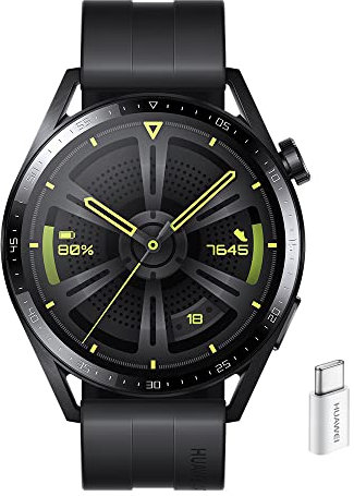 Huawei Watch GT 3 46 mm Smartwatch, Batteria di Lunga Durata, Monitoraggio SpO2, AI Running Coach, Monitoraggio Frequenza Cardiaca, Oltre 100 Modalità di Allenamento, con Adattatore AP52, Black