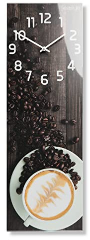 FLEXISTYLE Reloj de pared rectangular 20 x 60 cm, de cristal, con impresión directa para cocina, moderno, alargado, sin ruido de tictac, taza de café
