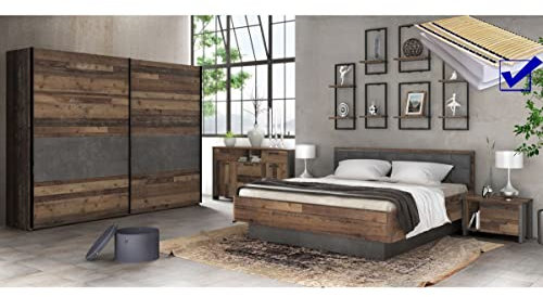 expendio Schlafzimmer Cedric 94A Old Wood Vintage 9-teilig Doppelbett 180x200 mit 2X Nachtkonsole Rost Matratze Schwebetürenschrank Kommode