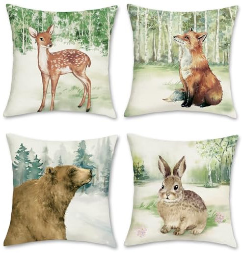 Bonhause Housse de Coussin Animaux de la Forêt Cerf Renard Lapin Ours 45 x 45 cm Polyester Lin Décoratif Enfants Taie d'oreiller pour Canapé Salon Chambre Chaise Jardin Maison Décoration 4 Pièces