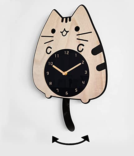 Katze Uhren mit schwingendem Schwanz und Augen Holz Cartoon Uhr Kreative Leise Schaukel Wanduhr mit Katze Wagging Tail
