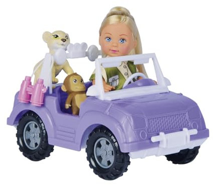 Evi Love Safari, Spielpuppe im süßen Safari Outfit mit coolem Jeep, Rucksack, Baby AFFE, Löwe, Fernglas, 12cm, ab 3 Jahre