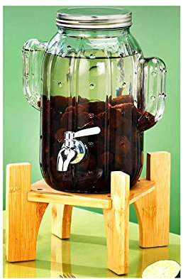 YYUINU Distributeur De Boissons, Bouteille De Bocal en Verre, Distributeur De Boissons, Forme De Cactus, Robinet en Acier Inoxydable, Base en Bois,3L