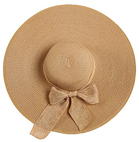 Chapeau de paille pliable à large bord avec nœud pour femme - UPF 50+ (tour de tête de 56 à 60 cm) - Kaki