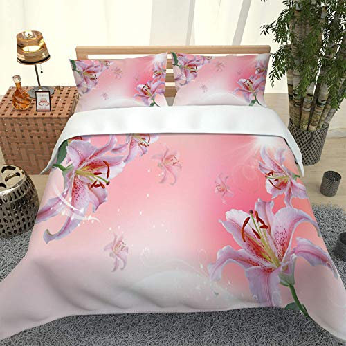 ELGISI 3 Pièces Parure De Lit 240X260Cm Ado Adulte Housse De Couette, 3D Fleurs De Lys Rouge Imprimé Motif Parure De Couette 2 Personnes en Microfibre avec 2 Taies d'oreiller 65X65Cm