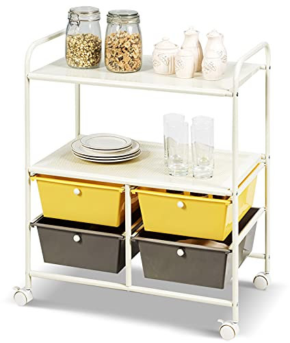 COSTWAY Rollwagen mit 4 stapelbaren Schubladen, Schubladenwagen Rollcontainer mit Metallgestell und Ablageflächen, Badrollwagen Aufbewahrungswagen für Büro, Wohnzimmer, Gelb