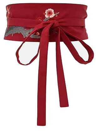 Inzegao Japanischer Obi-Gürtel für Damen, Kimono, Robe, Yukata, breiter Blumen-Wickel-Bund, Gürtel, Rot Stil B, Einheitsgröße