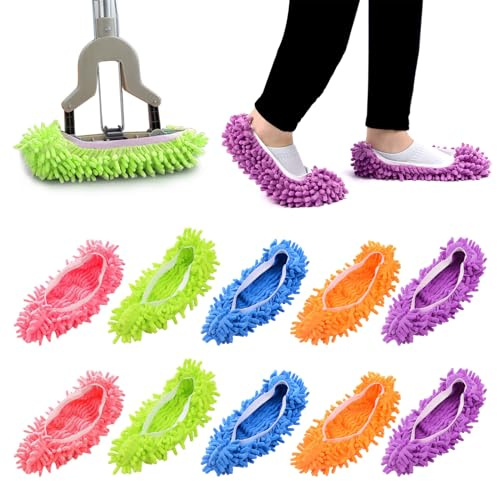 Swpeet 10 unidades/5 pares de pantuflas de fregona, 5 colores, 8 pulgadas, multifunción, lavables, reutilizables, plumero de microfibra suave, para limpiar el hogar, la cocina, la oficina