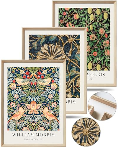 UPWOIGH Gerahmte Wandkunst (kein Plexiglas), William Morris Holz-Leinwand, Wandkunst, Erdbeerdieb, Wandkunst, Vögel botanische Drucke, Poster, 40,6 x 30,5 cm, Baumwollmuster, Vintage-Wanddekoration,