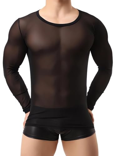 SAMHENG Men's Long Sleeve Tops, Sexy See Through Sheer Mesh Undershirt for Men, Slim Fit Gym Training Workout Tee Shirt Pullover Round Neck Transparent Tops Clubwear Party Rave Disco Performance