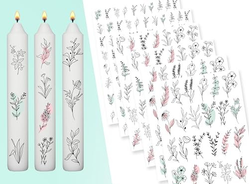 Sugeru® 6 X DIN A5 kerzenfolie(200+Muster), Kerzentattoo Wassertransferdruck | Wasserschiebefolie kerzen dekorieren| kerzenaufkleber sticker | Lieblings Person,Valentinstag (Skizze Blume)