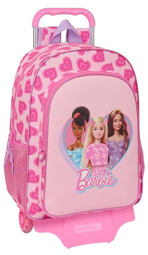 Barbie Love Großer Schulrucksack mit Trolley, Kinderrucksack, anpassbar an Kinderwagen, ideal für Kinder im Schulalter, bequem und vielseitig, Qualität und Widerstandsfähigkeit, 33 x 15 x 42 cm, Rosa