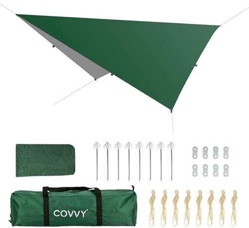COVVY Regenfliege, 3 x 3 m, wasserdichte Zeltplane mit 8 Heringen und 8 Abspannleinen, tragbare leichte Hängematte, Regenfliege für Camping, Reisen, Outdoor, Wandern, Sonnenschutz