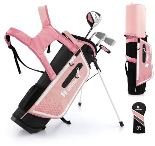 GYMAX Komplettes Golfschläger Set, Komplettsatz mit Golftasche & Regenhaube, inkl. 3er Fairway, 7er-Eisen, S-Eisen & Putter, Golf Set für Kinder 5–7 Jahren(Rosa)