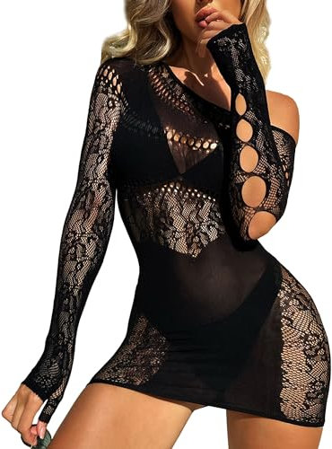 Buitifo Woman Sexy Lingerie Dress Fishnet Bodycon Mini Dresses Stripper Outfit Mesh Chemise Babydoll(Black 1SQ,M)