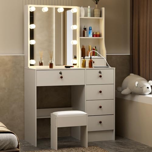 Caulitar Makeup Vanity Desk with Power Outlet, Lighted Mirror, Women's Vanity with 6 Storage Drawers, Makeup Desk and Chair Vanity Table Set, Bedroom Dressing Table White Vanity Small 06PW