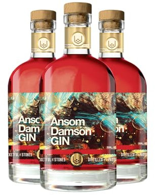 Ansom Damson Gin 70cl by Pocketful of Stones | Cornish Gin - Small Batch Flavoured Gin, Hand-Crafted Damson Fruit Gin Infused with Orange, Cinnamon & Nutmeg | 3 x 70cl bottle