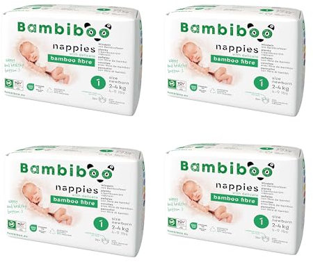 Bambiboo 4er-Set x 26 Stück Hautfreundliche Einwegwindeln mit feiner Bambusfaser, mit Nabelöffnung - Kinder Baby Windeln - Baby Wegwerfwindeln - Schutz für Haut - Sehr Saugfähig - Größe 1, 104 Stück