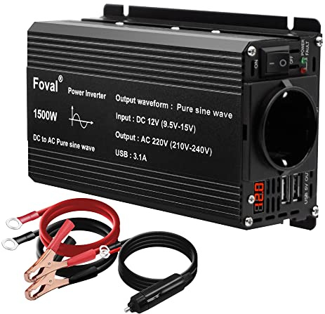 SkyjOy Convertisseur Onduleur à Onde sinusoïdale Pure CC 12V à ca 220V 230V 1500W/2200W/2600W/3000W voltmètre convertisseur transformateur Universel(1500W,12V 50HZ_Universal)