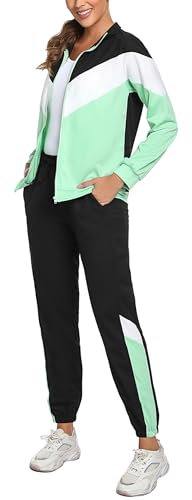 Marvmys Streatwear Trainingsanzüge Damen Sportanzüge Jogginganzug Zweiteiler Farbkontrast Langarm Reißverschluss Outfit Sport Bekleidungsset Grün L