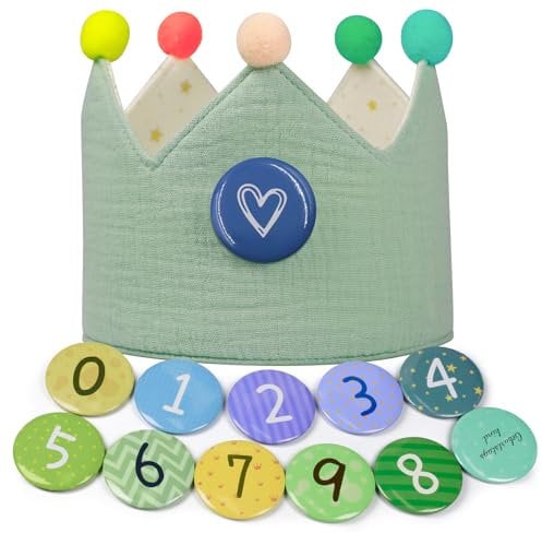 Ochomasun Geburtstagskrone Musselin - Umkehrbar für Junge & Mädchen mit Klettbuttons, Zahlen von 0-9, Geschenk für Kindergeburtstag