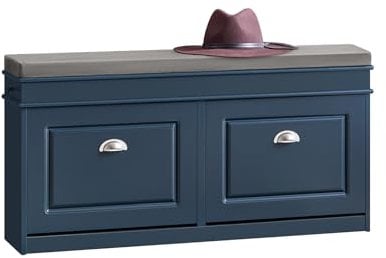 SoBuy Schuhbank mit Sitzfläche Sitzbank mit Stauraum und 2 Klappen, schmaler Schuhschrank mit Sitzbank & Schuhregal platzsparend, Schuhablage für Flur & kleine Räume, 104x52x24cm, Blau, FSR64-B