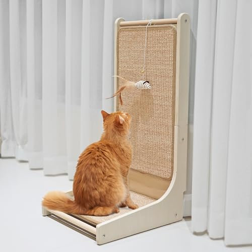 PETKARAY Rascador para Gatos, Almohadilla para Rascar de Sisal para Gatos, Tablero Rascador en Forma de L para Gatos de Interior, Rascador Montado en el Piso con Juguete para ratón y Hierba Gatera