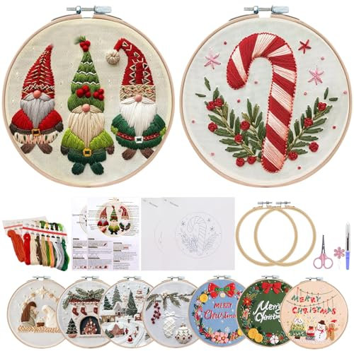 NewHSY 2Set Christmas Embroidery Kits Starter, Cross Stitch Kits for Adults Beginners, DIY Fabric Crafts Punch Needle Set for Gifts Decoration (Dwarf-Candy)
