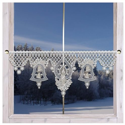 Deko-Set Scheibenhänger 3 Motive Weihnachts-Träumerei | Winter-Scheibengardine Echte Plauener Spitze | individuell zusammenstellen Kerze Glocke & Stern für Individualisten weiß-Gold Lurex-Stickerei