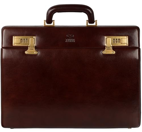 Time Resistance Leather Attache Case - Full Grain Italian Leather Briefcase - Laptop Bag up to 15” - Hard Case with Lock