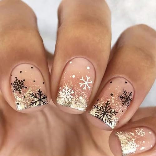 TELAIN 24 Stück Schneeflocken Aufdrücknägel, kurze, quadratische künstliche Nägel, Weihnachts Aufdrücknägel, Goldglitzer mit Design, vollständige Abdeckung, Aufklebenägel