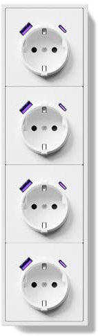 BSEED Schuko Multiprise encastrée avec USB C 20 W, prise murale 16 A avec cadre PC, quadruple prise avec griffes, 4 compartiments, blanc
