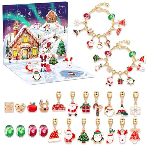 2024 Weihnachten Schmuck Adventskalender Advent Schmuck Anhänger Charms Weihnachtsgeschenke für Mädchen mit 2pcs DIY Charm Armbänder Kits für Frauen Mädchen Xmas Überraschung Geschenk