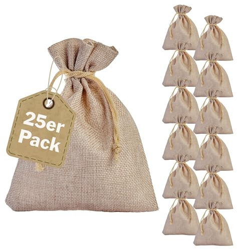 SPRINTIS Jutesäckchen naturfarben hell, 15 x 20 cm (25 Stück) - reißfeste Geschenkbeutel mit Kordelzug, für Hochzeit, Weihnachten, Deko, Adventssäckchen